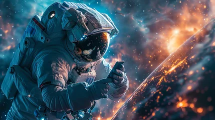 Fotobehang An astronaut in a modern spacesuit checks his smartphone against a starry cosmic backdrop, highlighting the contrast of advanced technology and the timeless cosmos © Fxquadro