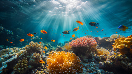 Ethereal sunbeams illuminating a lively coral reef underwater