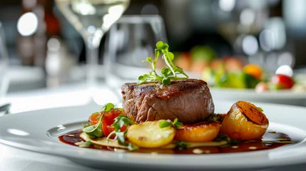 Poster Gourmet grilled steak with fresh vegetables on elegant table © thodonal