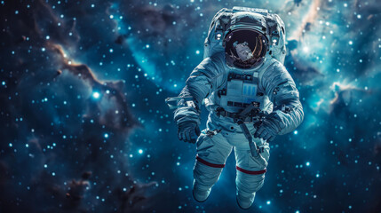Captivating visual of an astronaut performing a spacewalk amidst the deep blue beauty of space, stars, and nebulas - obrazy, fototapety, plakaty
