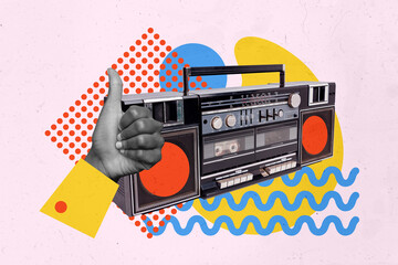 Composite photo collage of old retro boombox player music hand show thumb like recommend vintage sound isolated on painted background