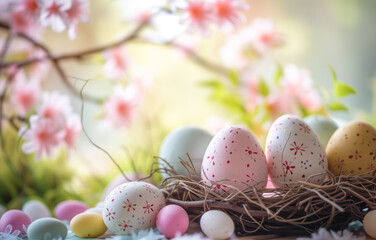 Decorated easter eggs in nest with cherry blossoms background