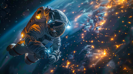 Stunning imagery capturing a weightless astronaut drifting through a swarm of particles in an illuminated galactic environ - obrazy, fototapety, plakaty