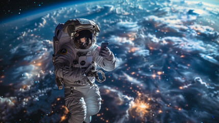 An astronaut in orbit focuses on a smartphone with the Earth's atmosphere shimmering from afar, symbolizing global connectivity