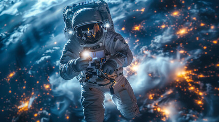 The image shows a space explorer holding a light source as he traverses through a mystical cloud formation within the cosmos - obrazy, fototapety, plakaty