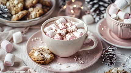Cozy winter scene with hot cocoa and marshmallows, pink aesthetic, perfect for comforting home decor imagery. AI