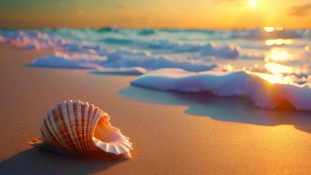 shell on the beach at sunset with waves coming in