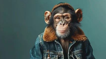 Gordijnen A monkey wearing a denim jacket stands confidently, showcasing its unique attire. © Виктория Лапина
