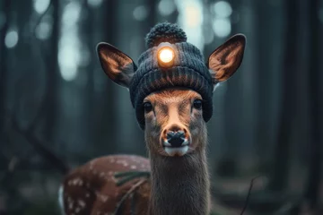 Plexiglas foto achterwand A roe deer with a lantern on its head stands in a dark forest © Александр Лобач