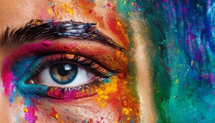 Woman eye adorned with vibrant holi colors radiating beauty and joy, holi inspired makeup and fashion, vibrant portraits, festive style