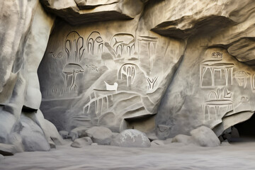 Steinzeithöhle mit Malereien und Zeichnungen auf der Felswand