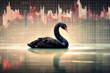 Schwarzer Schwan im Wasser mit Chart als Hintergrund Börsencrash