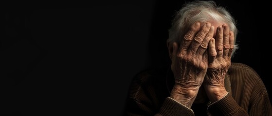 senior man covering his face isolated on black background with copy space.