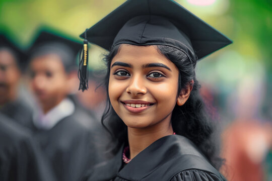 Hindu student girl in a black graduation gown and cap with other graduates in the background generative AI