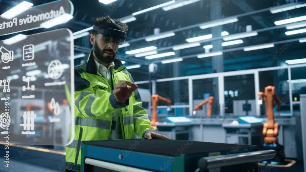 Poster Automotive Factory Engineer Using Augmented Reality Headset in a Modern Facility with Automated Robotic Arms on an Assembly Plant. Specialist Ananlyzing and Manipulating a Virtual Gearbox Model