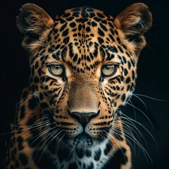 A detailed view of a leopards face, showcasing its markings and expression, set against a stark black background.