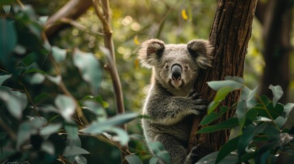 Fototapeta premium A koala is perched on a tree branch in a lush forest setting.