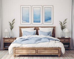 Rustic wooden bed with blue pillows and two bedside cabinets against white wall with three posters frames. Drawn in watercolor style colors.