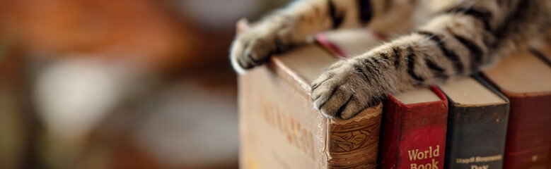 Close-up of tabby cat paws on a stack of vintage books. Selective focus with blurred background....