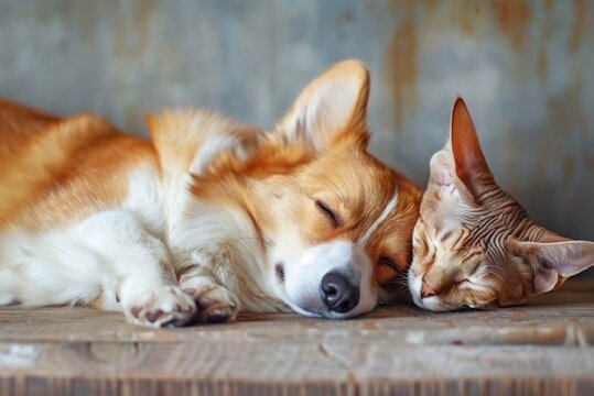 Stunning high-resolution photo: a red corgi and a Sphynx cat sleep in interesting, unusual positions.