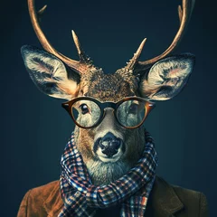 Deurstickers A deer wearing glasses and a scarf, looking stylish and unique in its winter attire. © Виктория Лапина