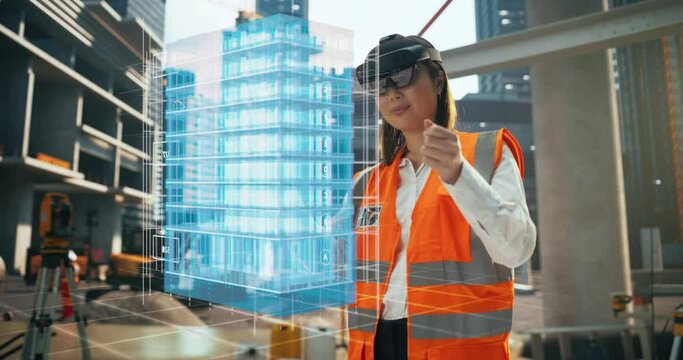 Japanese Female Architect Wearing an Augmented Reality Headset and Inspecting a Digital Hologram of a Building. Asian Civil Engineer Using a Software with Virtual Construction Plan and Interior Model
