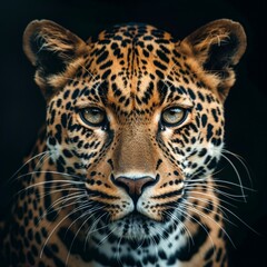 Detailed close up of a leopards face, showcasing its distinctive spots and intense gaze, set against a stark black background.