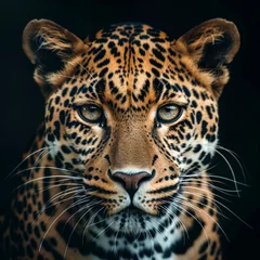  Detailed close up of a leopards face, showcasing its distinctive spots and intense gaze, set against a stark black background. © Виктория Лапина