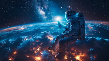 Foto op Canvas An astronaut floating gracefully with Earth in the background, showcasing our planet in the cosmic scale © Fxquadro