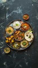 A round wooden tray filled with a variety of colorful Indian dishes. The dishes are arranged in a circle. In the center is a bowl of white rice, surrounded by smaller bowls of curries and chutneys.