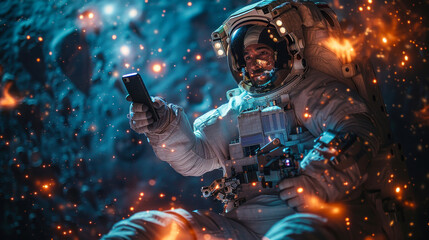 A surreal portrayal of an astronaut floating in outer space, engaged on a smartphone amidst a cosmic backdrop