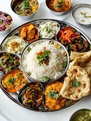 A round wooden tray filled with a variety of colorful Indian dishes. The dishes are arranged in a circle. In the center is a bowl of white rice, surrounded by smaller bowls of curries and chutneys.