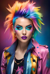 Fototapeta na wymiar Woman with bright face makeup and multi-colored hair. Beautiful fashion model.