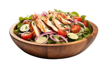 Chicken breast salad, colorful salad vegetables Topped with honey-lemon salad dressing, placed in a natural-looking wooden bowl. Focus on freshness Isolated on transparent background.