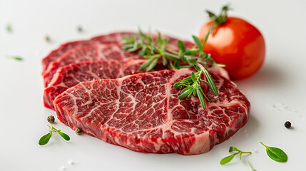 Fototapeta premium Close up of marble texture of wagyu, Wagyu Beef, Raw beef slice for barbecue or Japanese style yakiniku food barbecue and grilled over charcoal on stove, Close up japanese A5 wagyu premium beef. 
