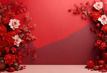 	
Chainese New Year Red Colors Flower Theme Background Design AI Generated