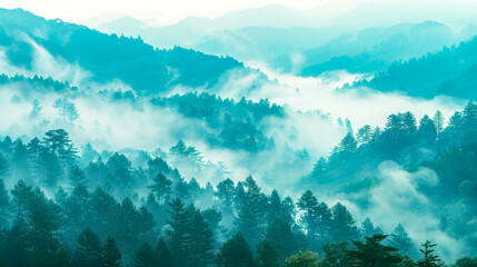 Serene view of fog enveloping a lush mountain forest at dawn - obrazy, fototapety, plakaty