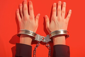 Arrested hands in handcuffs on vibrant red backdrop, law enforcement - obrazy, fototapety, plakaty