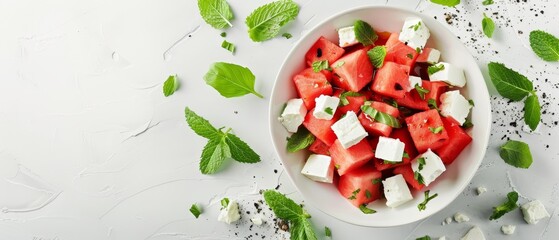 Fresh watermelon salad with feta cheese, mint, and pepper in a wooden bowl, a refreshing summer dish.