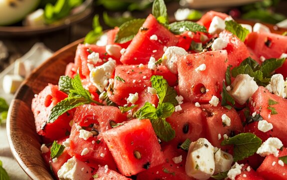 Fresh watermelon salad with feta cheese, mint, and pepper in a wooden bowl, a refreshing summer dish.