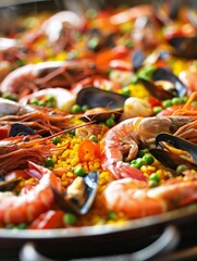 Delicious seafood paella with shrimp, mussels, and vegetables served in a black pan on a well-set table.