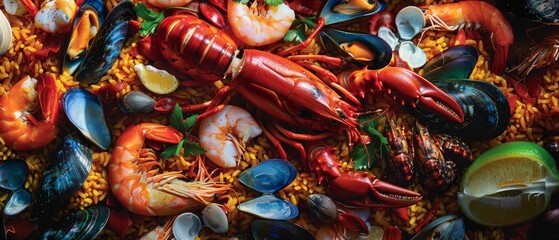 A vibrant seafood paella with lobster, shrimp, mussels, clams, and lemon slices on a bed of seasoned rice in a professional kitchen.