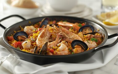 A close-up of a traditional Spanish paella dish filled with shrimp, mussels, and saffron rice.
