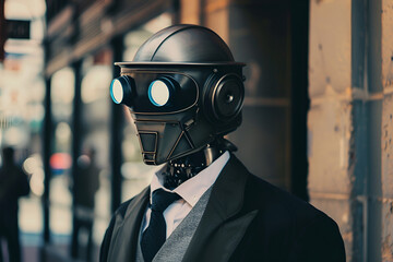 Portrait of a robot in a black coat, close-up