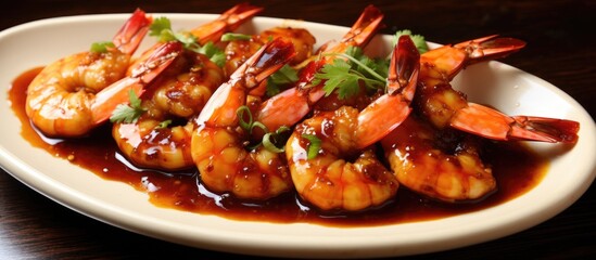 A delicious dish featuring fresh seafood shrimp, served on a white plate with a flavorful sauce, set on a table. The perfect combination of ingredients in a seafood cuisine recipe