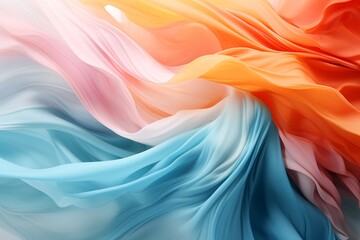 closeup fabric in light blue, light yellow, light orange in the wind on white background
