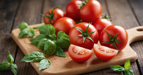 Fresh ripe tomatoes on rustic wooden background, epitomizing natural health and vibrant flavor.