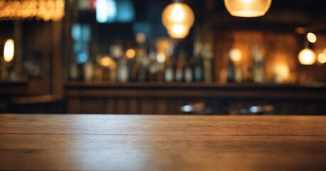 Blurred background of hipster bar, with warm lighting and wooden counter, perfect for cozy evening in the city.