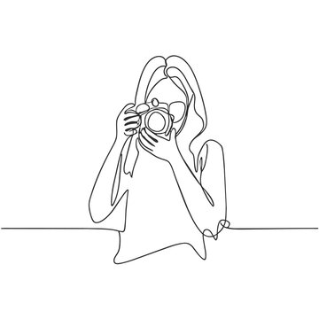 cute minimalist black ink drawing drawing of a young woman taking photos
