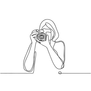 cute minimalist black ink drawing drawing of a young woman taking photos